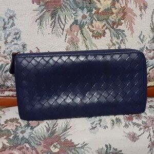 Bottega Veneta Navy 3/4 Zip Leather Wallet with COA